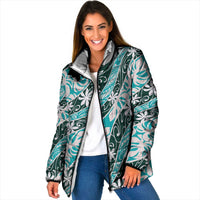 Cyan Tahiti Tiare Monstera Padded Jacket Polynesian Pattern Curve Style LT01 Women Cyan - Polynesian Pride