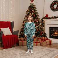 Cyan Tahiti Tiare Monstera Christmas Pajama Set Polynesian Pattern Curve Style - Polynesian Pride