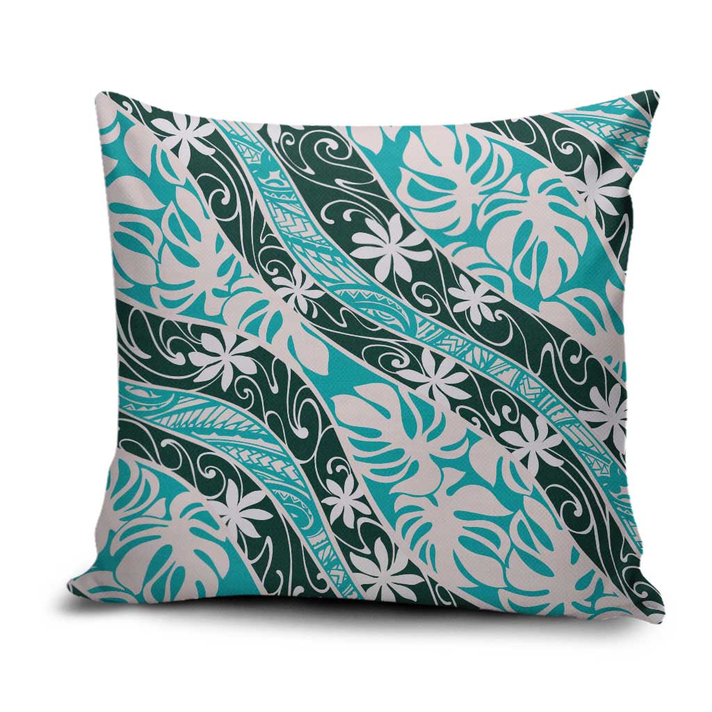 Cyan Tahiti Tiare Monstera Pillow Cover Polynesian Pattern Curve Style LT01 Cyan - Polynesian Pride