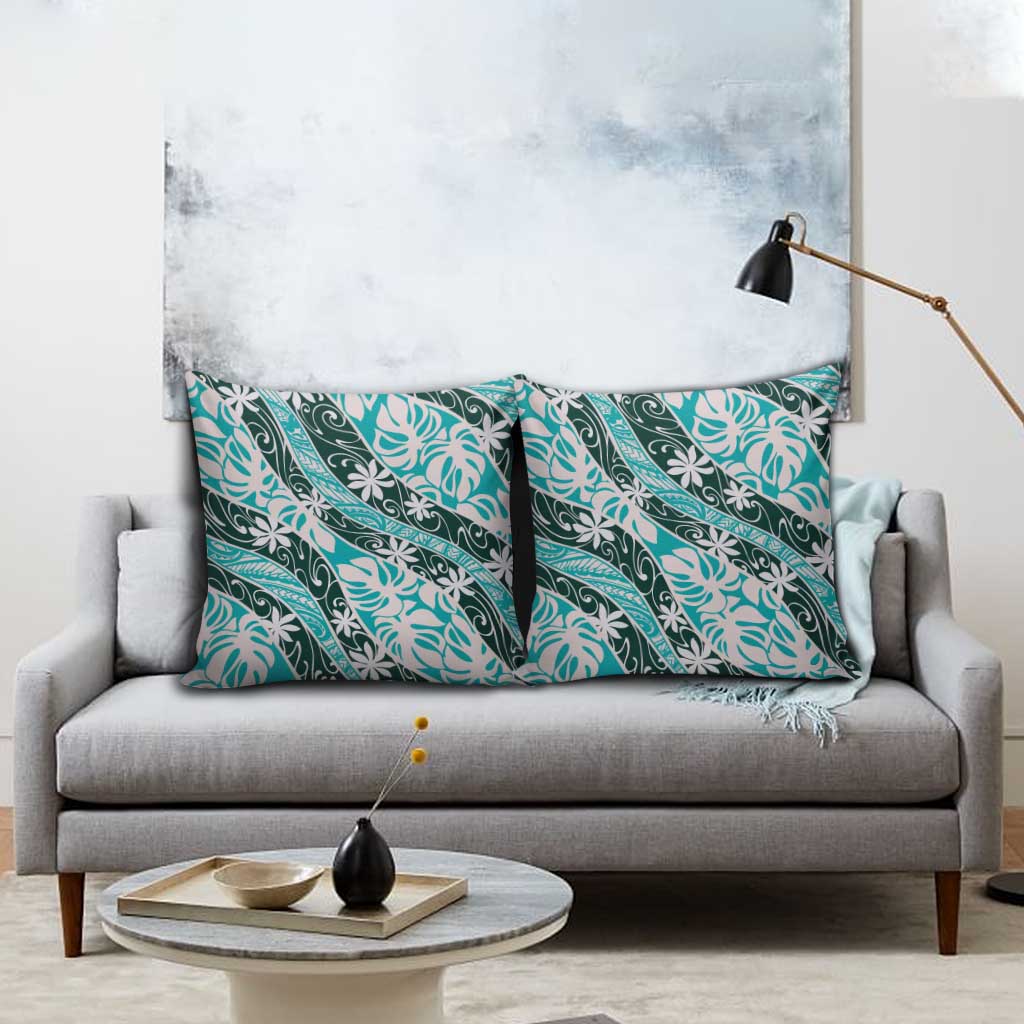 Cyan Tahiti Tiare Monstera Pillow Cover Polynesian Pattern Curve Style LT01 - Polynesian Pride