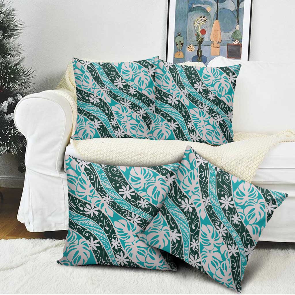 Cyan Tahiti Tiare Monstera Pillow Cover Polynesian Pattern Curve Style LT01 - Polynesian Pride