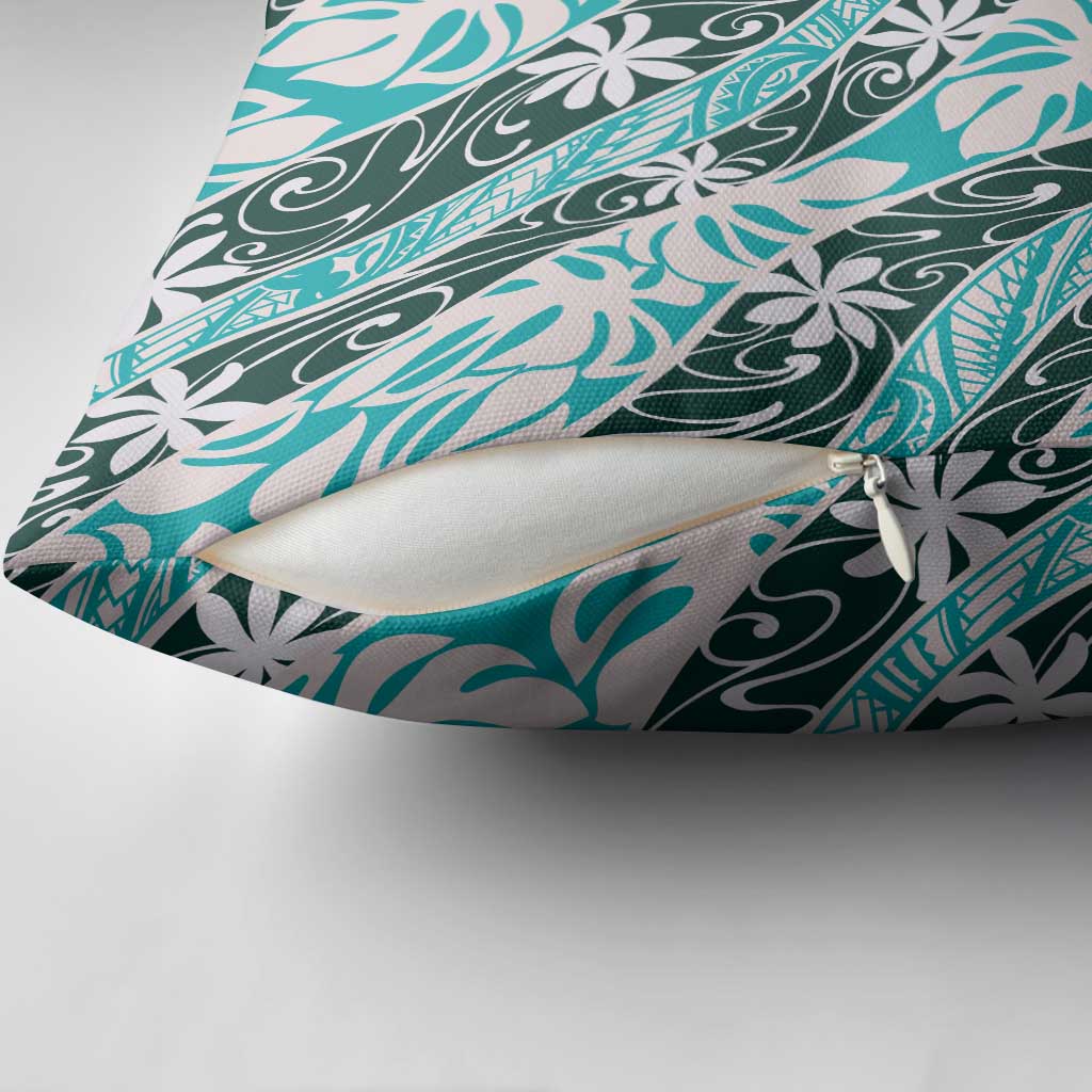 Cyan Tahiti Tiare Monstera Pillow Cover Polynesian Pattern Curve Style LT01 - Polynesian Pride