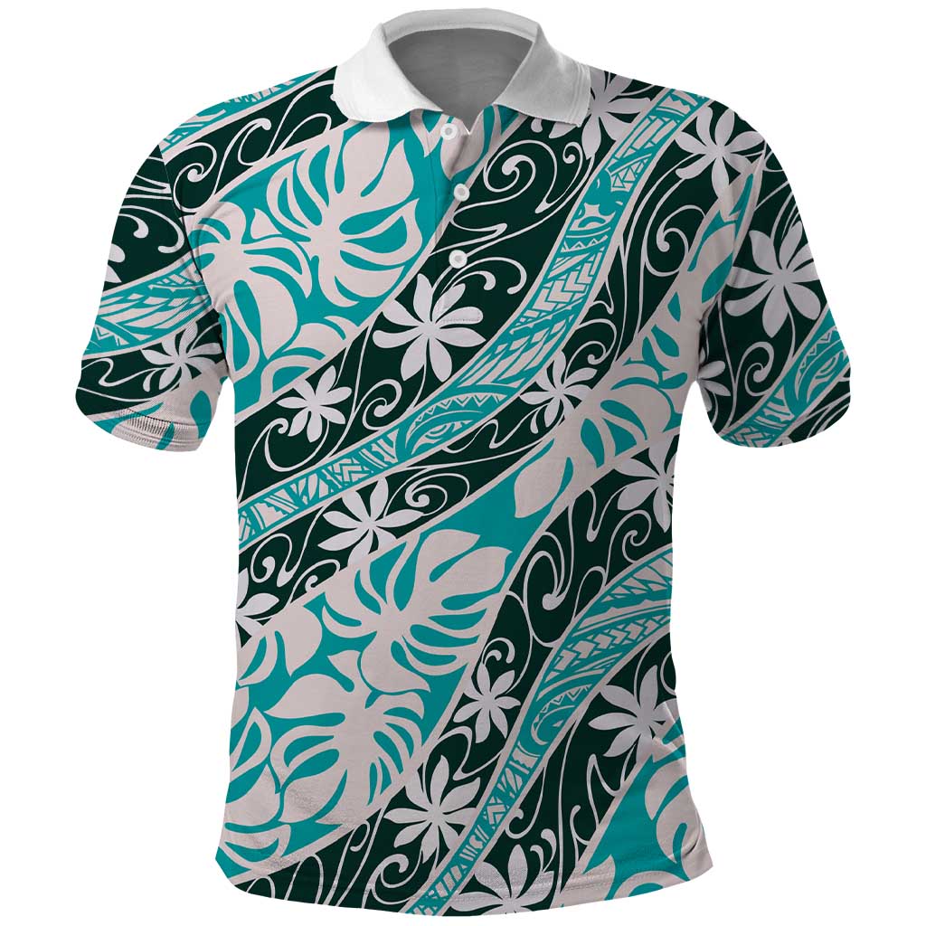 Cyan Tahiti Tiare Monstera Polo Shirt Polynesian Pattern Curve Style - Polynesian Pride