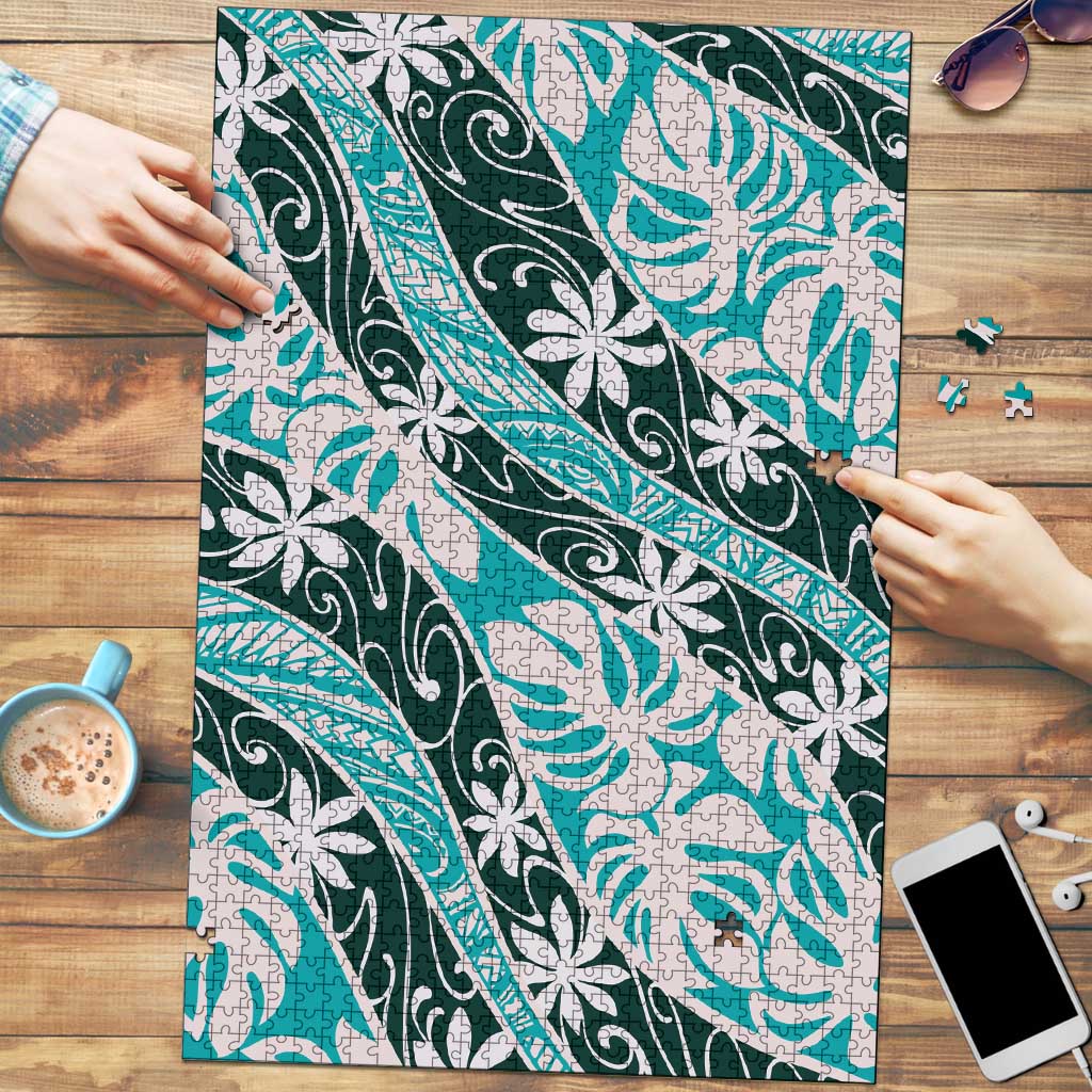 Cyan Tahiti Tiare Monstera Puzzle Polynesian Pattern Curve Style LT01 Cyan - Polynesian Pride