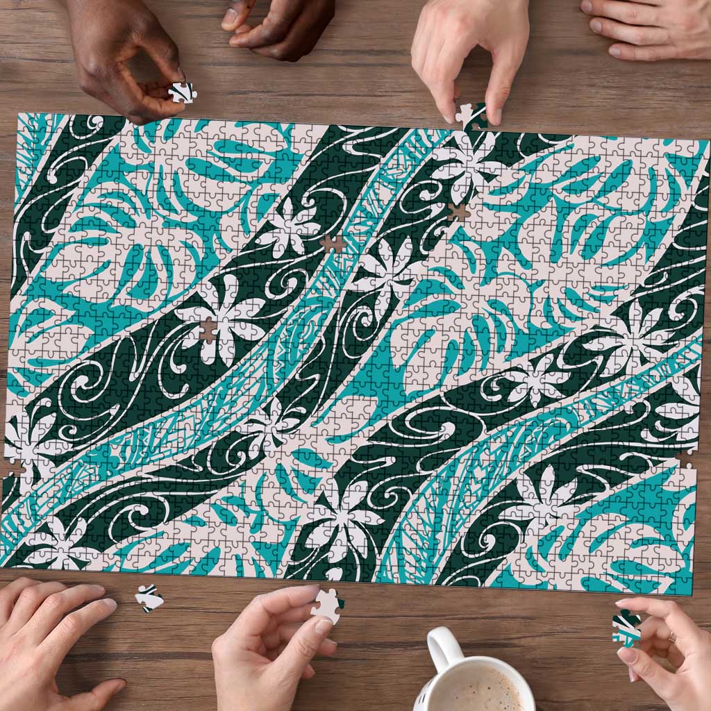 Cyan Tahiti Tiare Monstera Puzzle Polynesian Pattern Curve Style LT01 - Polynesian Pride