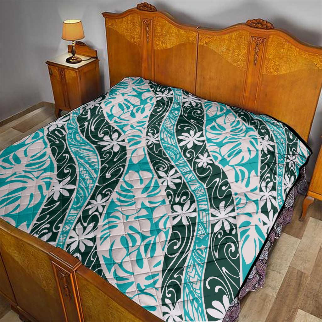 Cyan Tahiti Tiare Monstera Quilt Polynesian Pattern Curve Style - Polynesian Pride