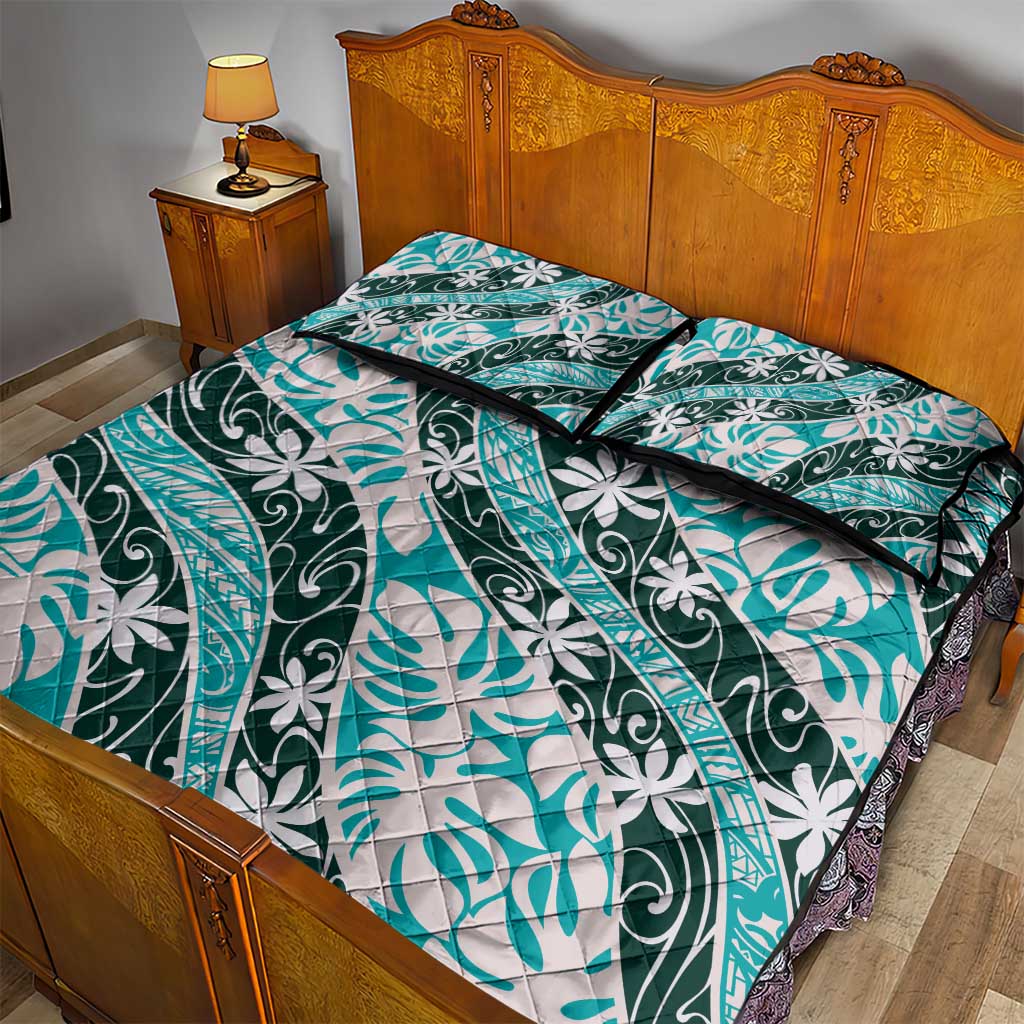 Cyan Tahiti Tiare Monstera Quilt Bed Set Polynesian Pattern Curve Style LT01 - Polynesian Pride