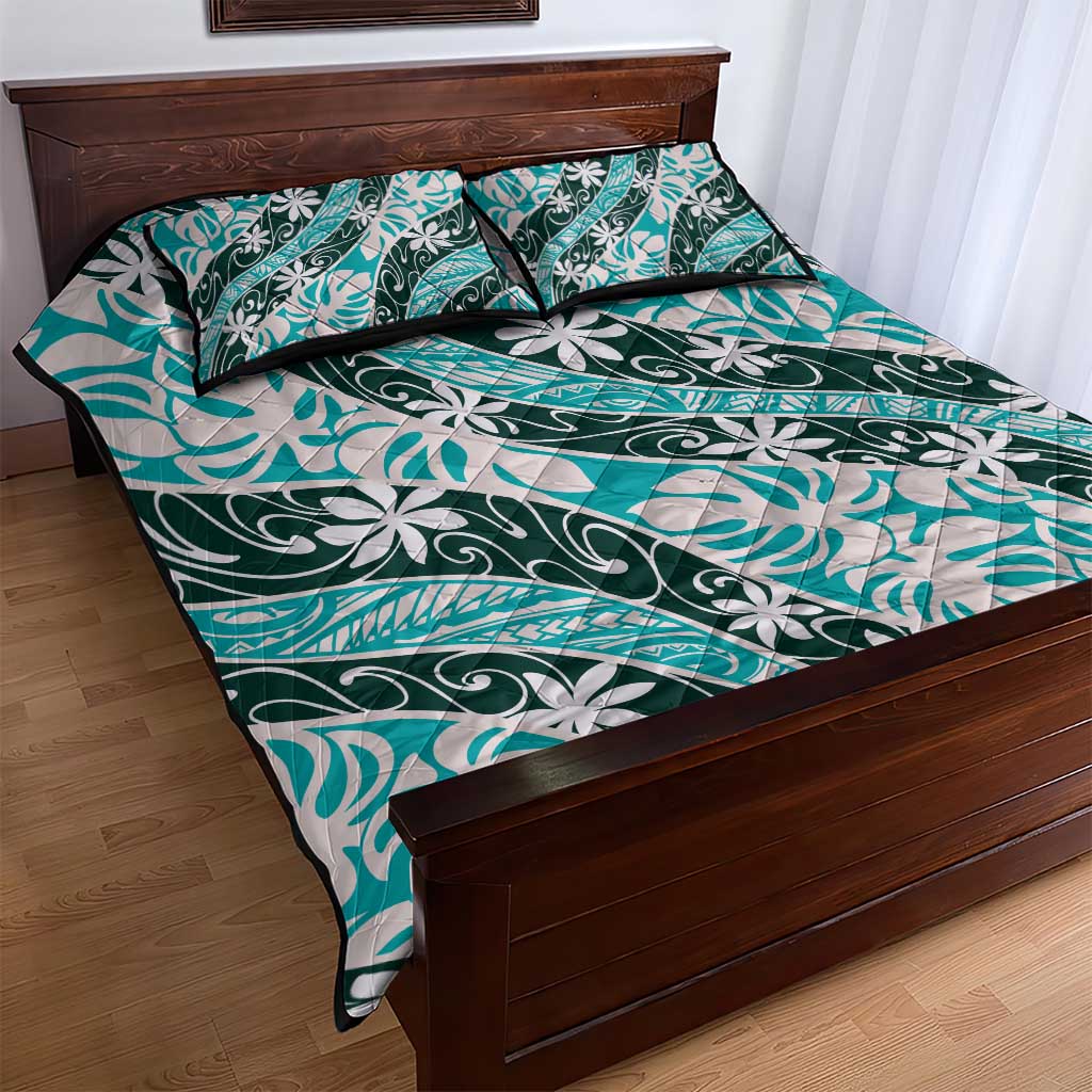 Cyan Tahiti Tiare Monstera Quilt Bed Set Polynesian Pattern Curve Style LT01 - Polynesian Pride