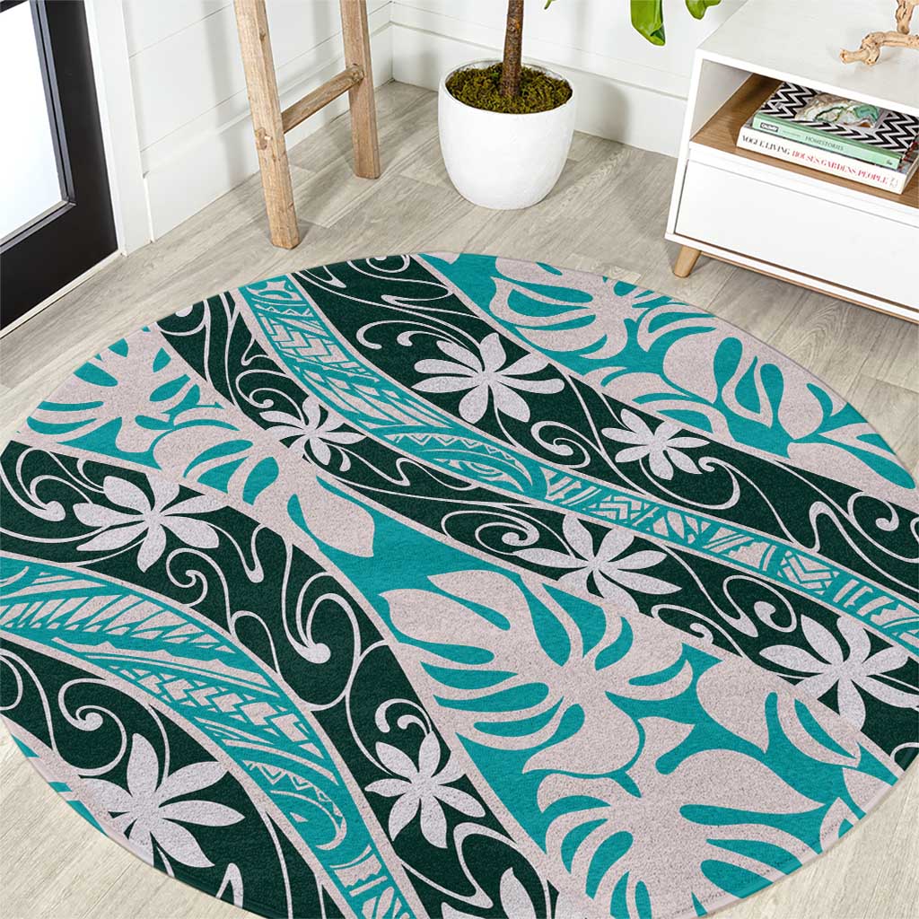Cyan Tahiti Tiare Monstera Round Carpet Polynesian Pattern Curve Style LT01 Cyan - Polynesian Pride