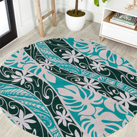 Cyan Tahiti Tiare Monstera Round Carpet Polynesian Pattern Curve Style LT01 Cyan - Polynesian Pride