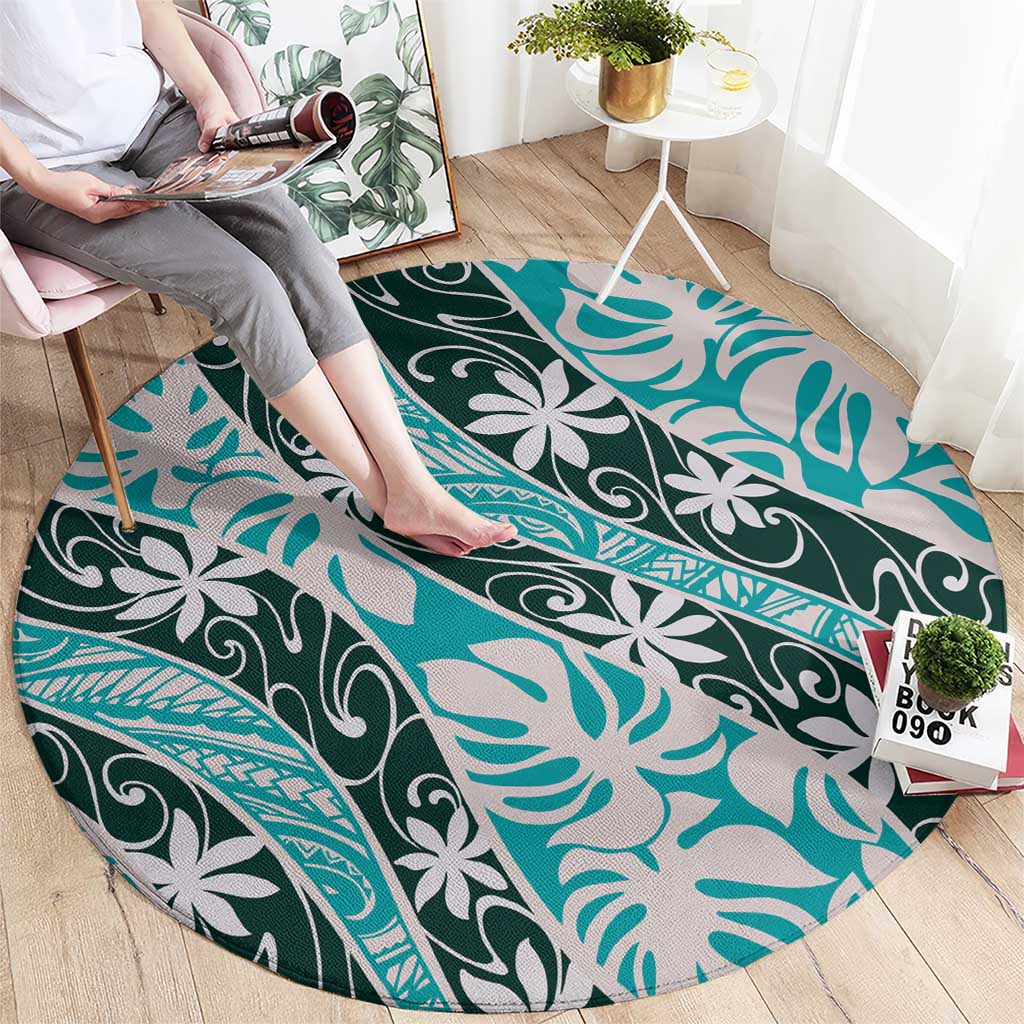 Cyan Tahiti Tiare Monstera Round Carpet Polynesian Pattern Curve Style LT01 - Polynesian Pride