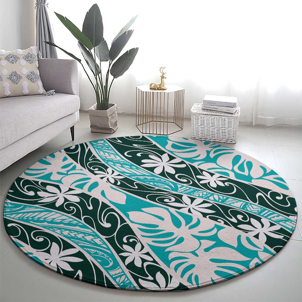 Cyan Tahiti Tiare Monstera Round Carpet Polynesian Pattern Curve Style LT01 - Polynesian Pride