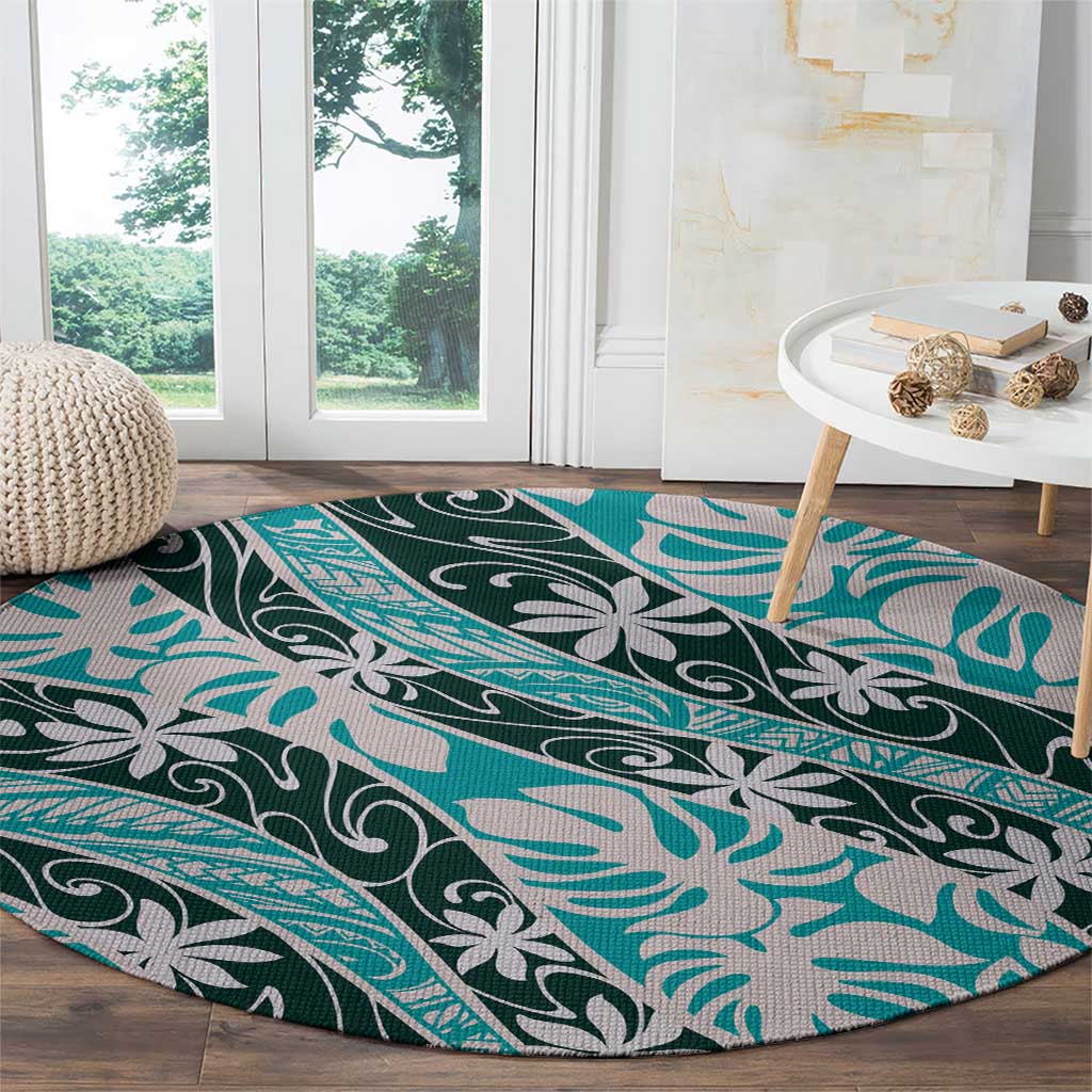 Cyan Tahiti Tiare Monstera Round Carpet Polynesian Pattern Curve Style LT01 - Polynesian Pride