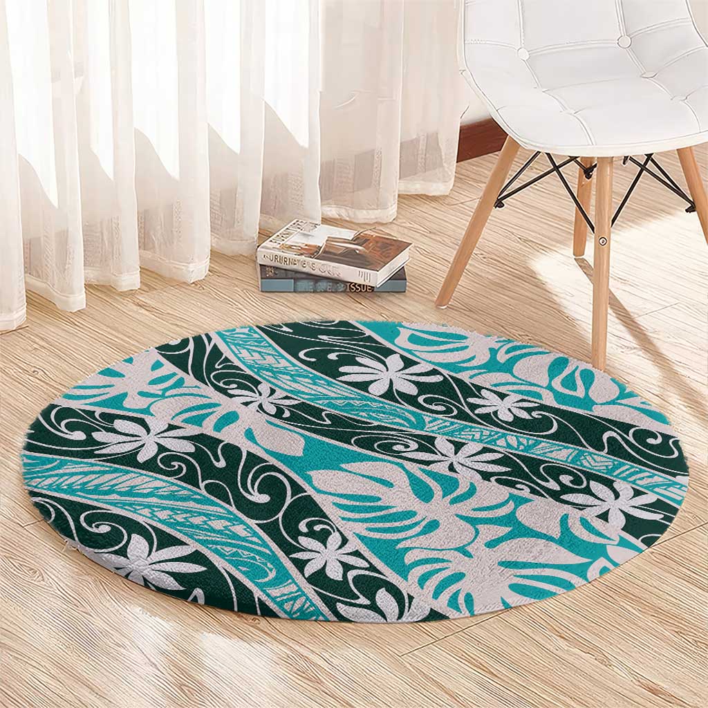 Cyan Tahiti Tiare Monstera Round Carpet Polynesian Pattern Curve Style LT01 - Polynesian Pride