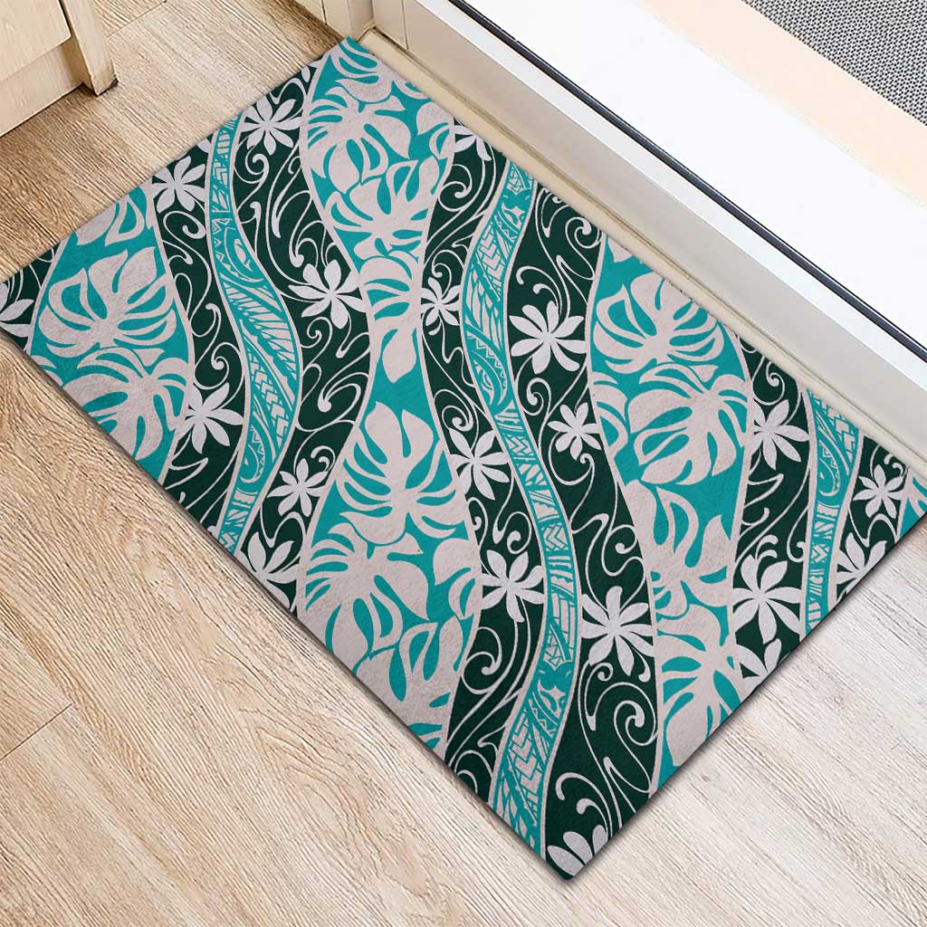Cyan Tahiti Tiare Monstera Rubber Doormat Polynesian Pattern Curve Style LT01 - Polynesian Pride