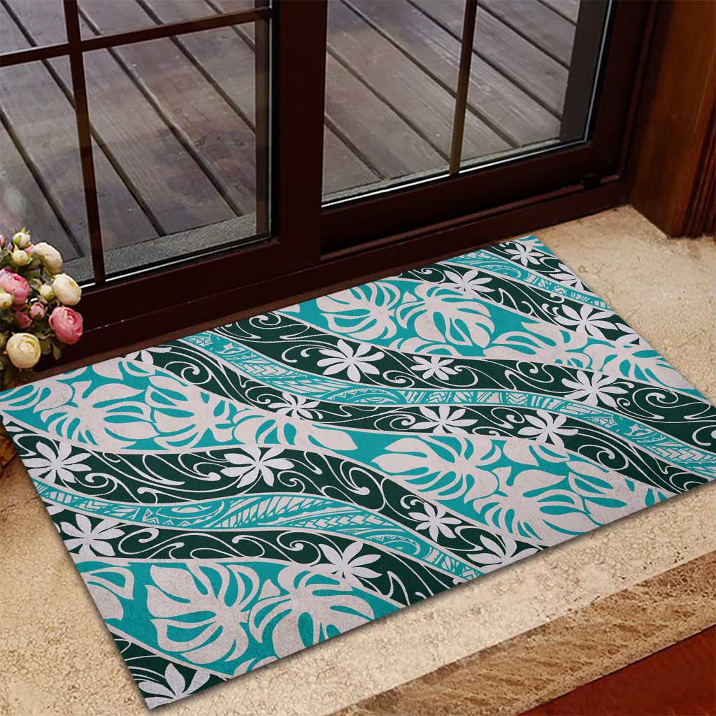 Cyan Tahiti Tiare Monstera Rubber Doormat Polynesian Pattern Curve Style LT01 - Polynesian Pride
