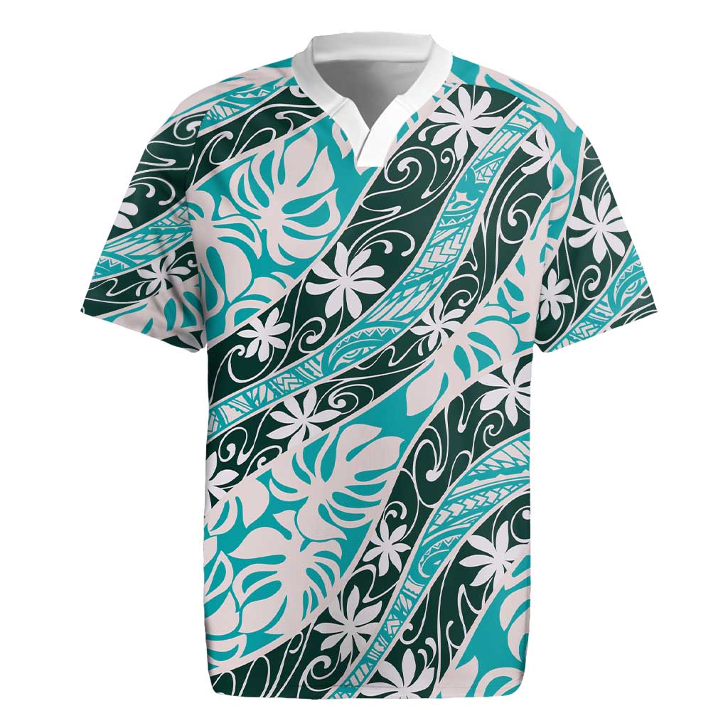 Cyan Tahiti Tiare Monstera Rugby Jersey Polynesian Pattern Curve Style - Polynesian Pride