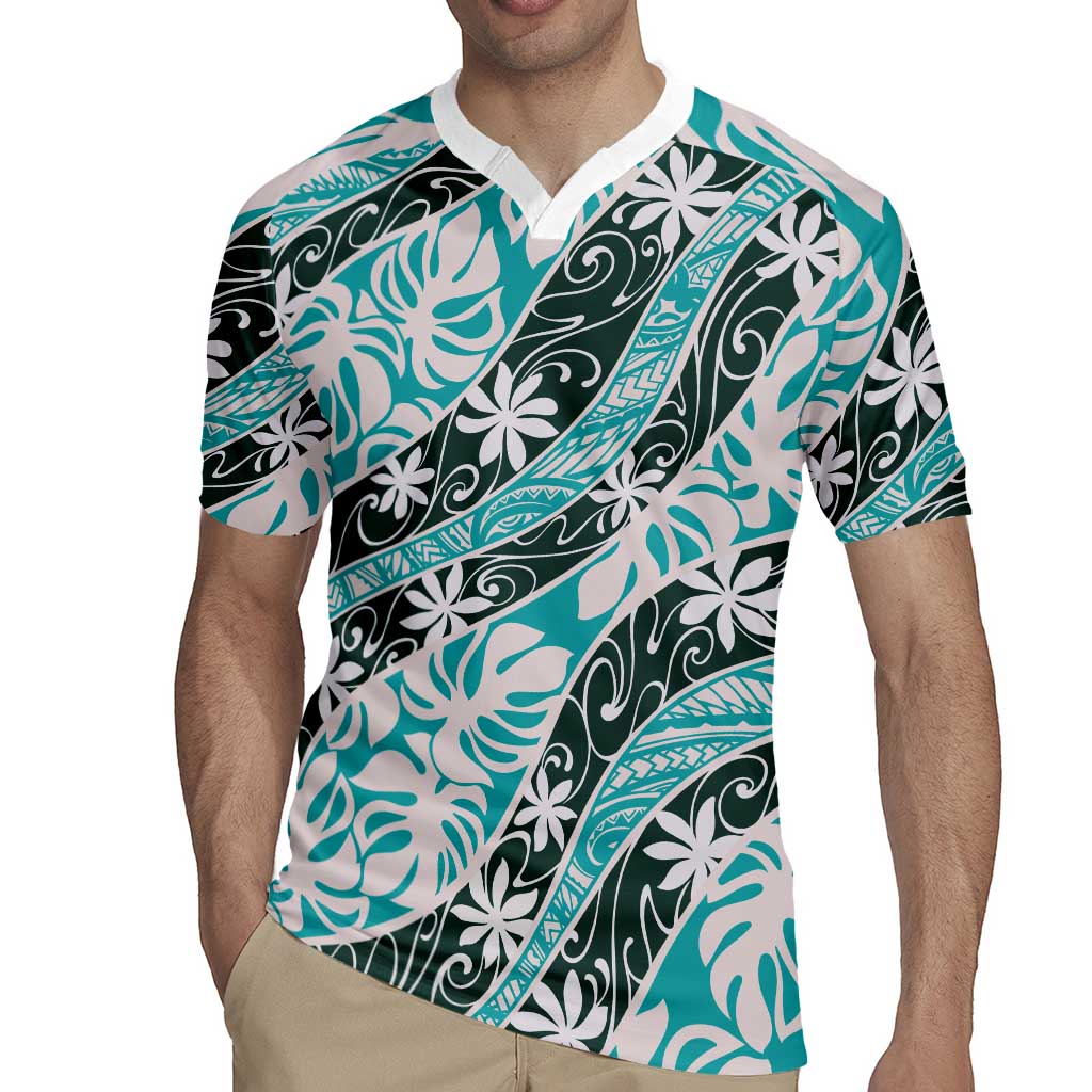 Cyan Tahiti Tiare Monstera Rugby Jersey Polynesian Pattern Curve Style - Polynesian Pride