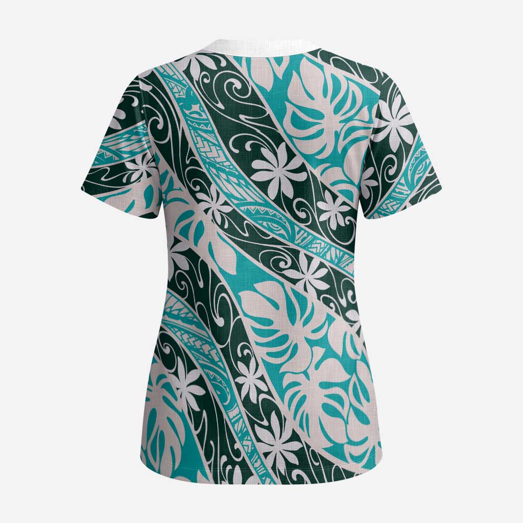 Cyan Tahiti Tiare Monstera Scrub Top Polynesian Pattern Curve Style LT01 - Polynesian Pride