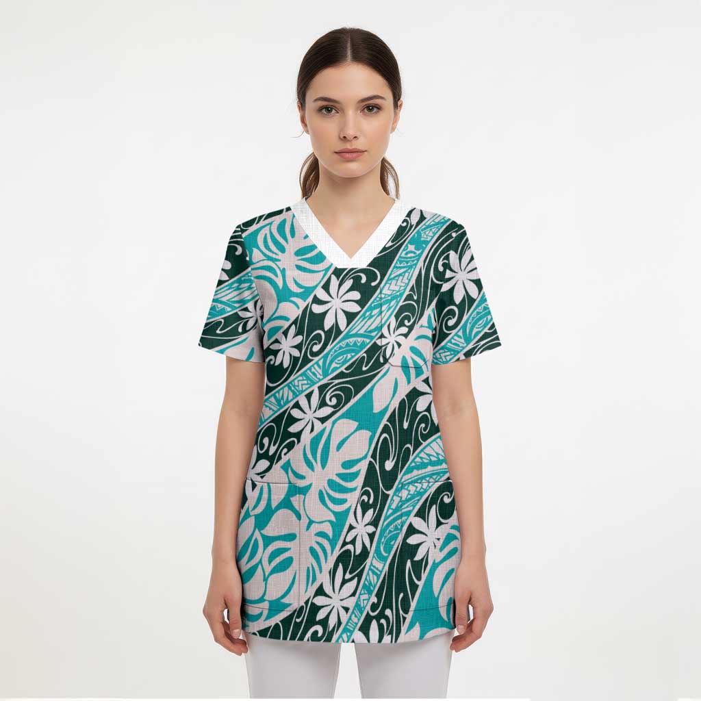 Cyan Tahiti Tiare Monstera Scrub Top Polynesian Pattern Curve Style LT01 - Polynesian Pride