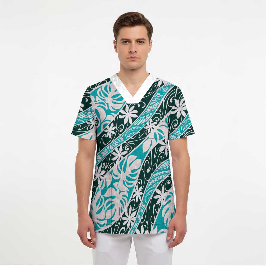 Cyan Tahiti Tiare Monstera Scrub Top Polynesian Pattern Curve Style LT01 - Polynesian Pride