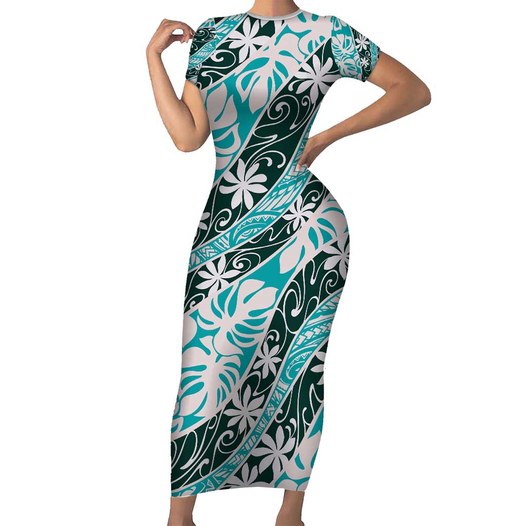 Cyan Tahiti Tiare Monstera Short Sleeve Bodycon Dress Polynesian Pattern Curve Style - Polynesian Pride
