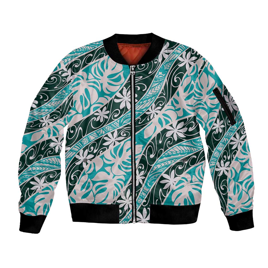 Cyan Tahiti Tiare Monstera Sleeve Zip Bomber Jacket Polynesian Pattern Curve Style LT01 Unisex Cyan - Polynesian Pride