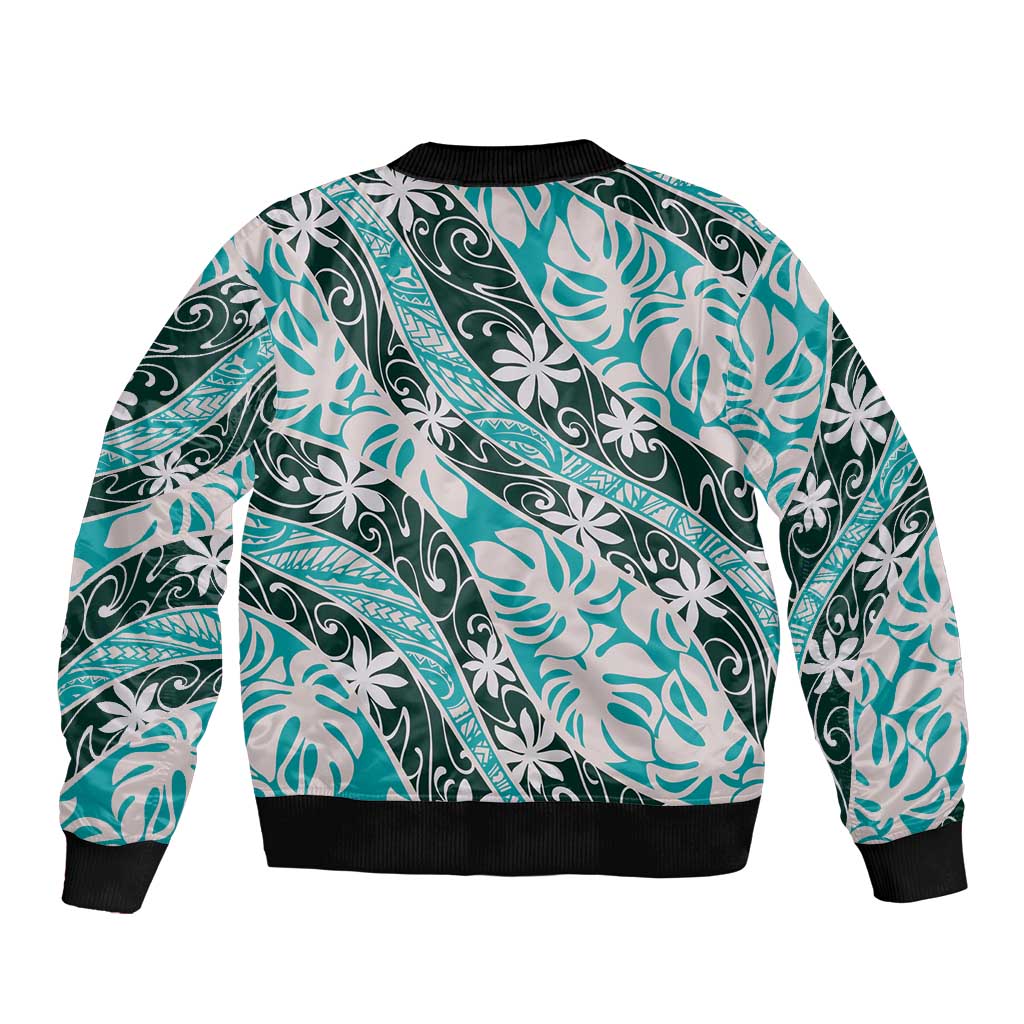 Cyan Tahiti Tiare Monstera Sleeve Zip Bomber Jacket Polynesian Pattern Curve Style LT01 - Polynesian Pride