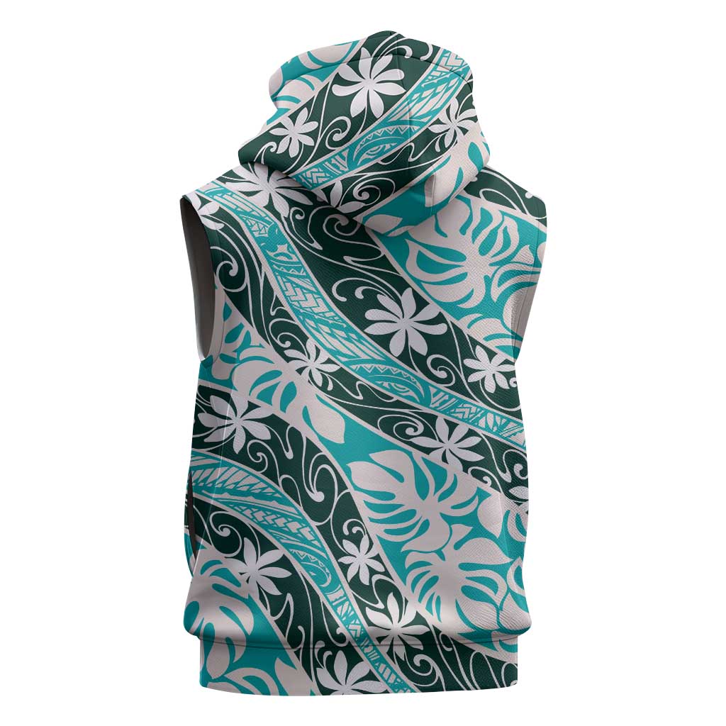 Cyan Tahiti Tiare Monstera Sleeveless Hoodie Polynesian Pattern Curve Style - Polynesian Pride