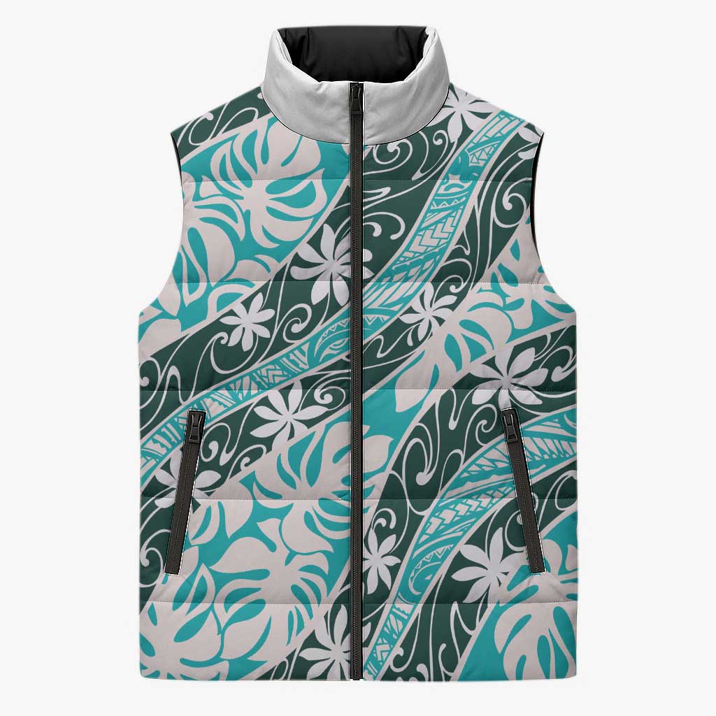 Cyan Tahiti Tiare Monstera Sleeveless Puffer Jacket Polynesian Pattern Curve Style LT01 Unisex Cyan - Polynesian Pride
