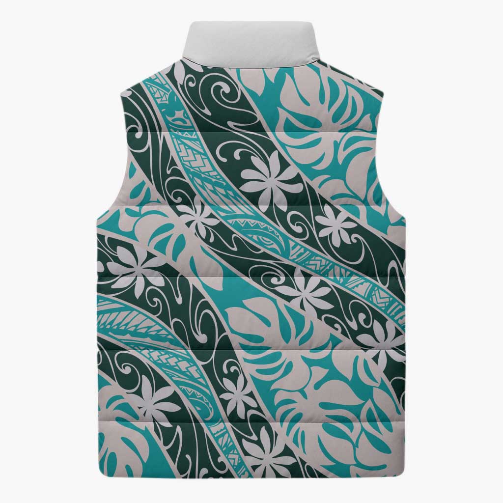 Cyan Tahiti Tiare Monstera Sleeveless Puffer Jacket Polynesian Pattern Curve Style LT01 - Polynesian Pride