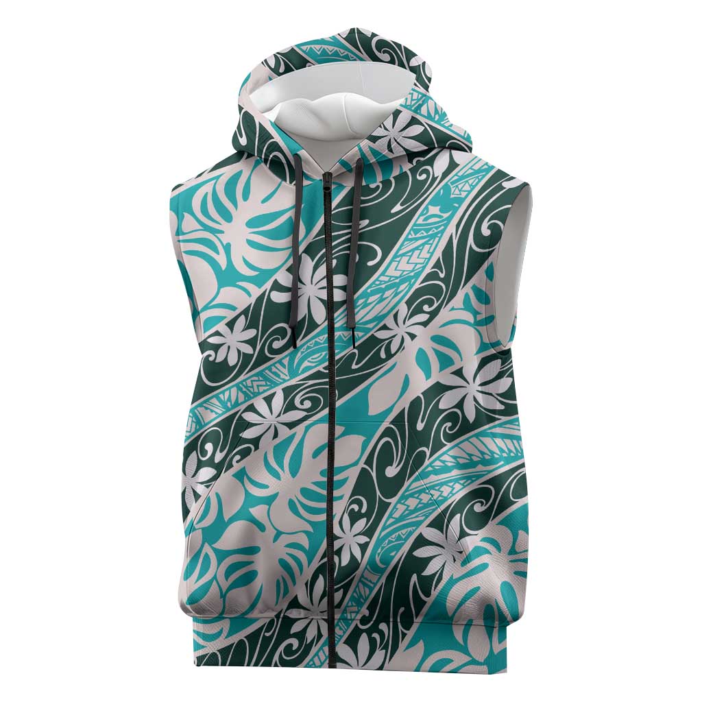 Cyan Tahiti Tiare Monstera Sleeveless Zip Hoodie Polynesian Pattern Curve Style LT01 Cyan - Polynesian Pride