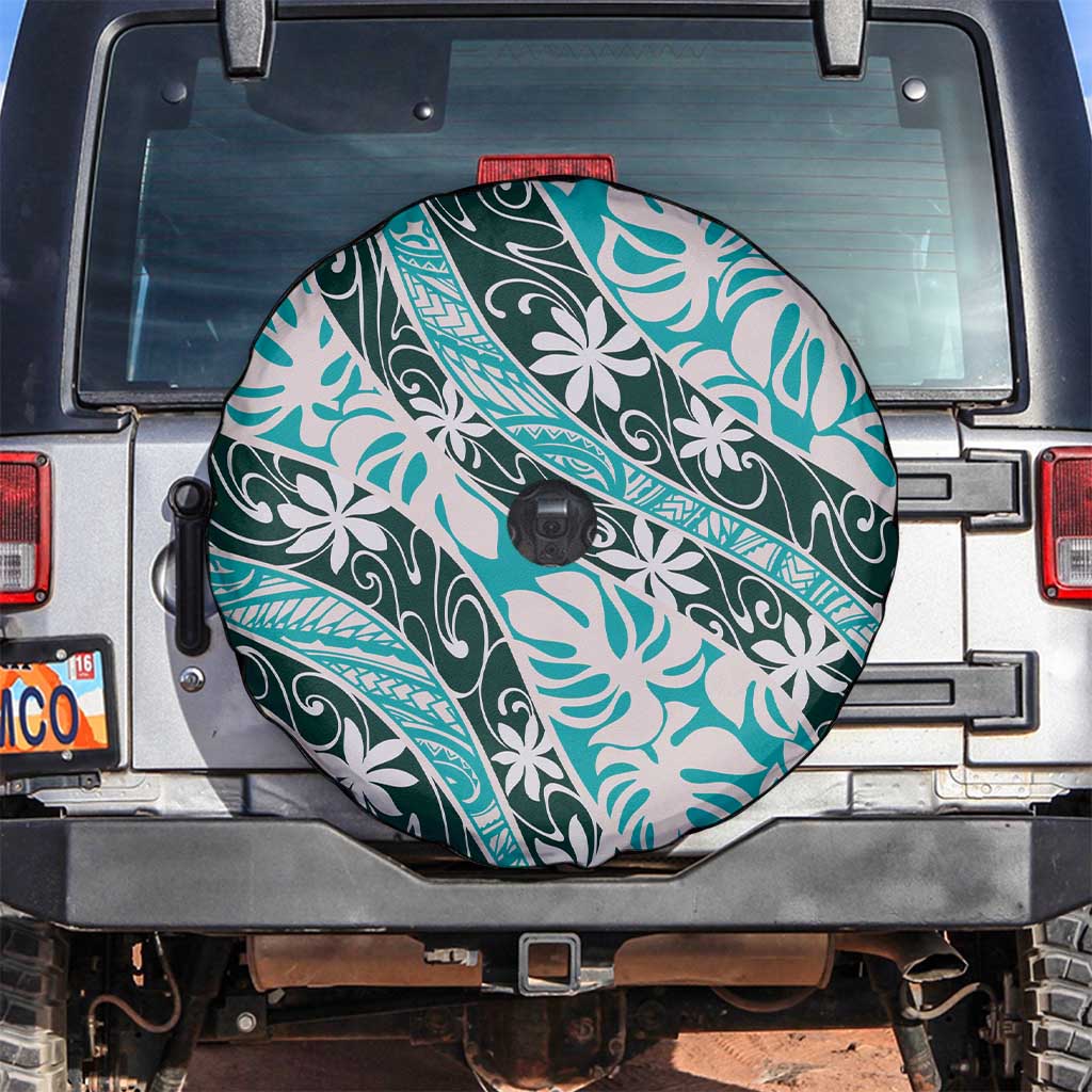Cyan Tahiti Tiare Monstera Spare Tire Cover Polynesian Pattern Curve Style - Polynesian Pride