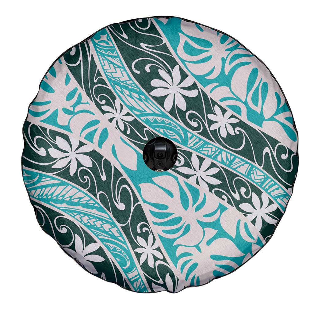 Cyan Tahiti Tiare Monstera Spare Tire Cover Polynesian Pattern Curve Style - Polynesian Pride