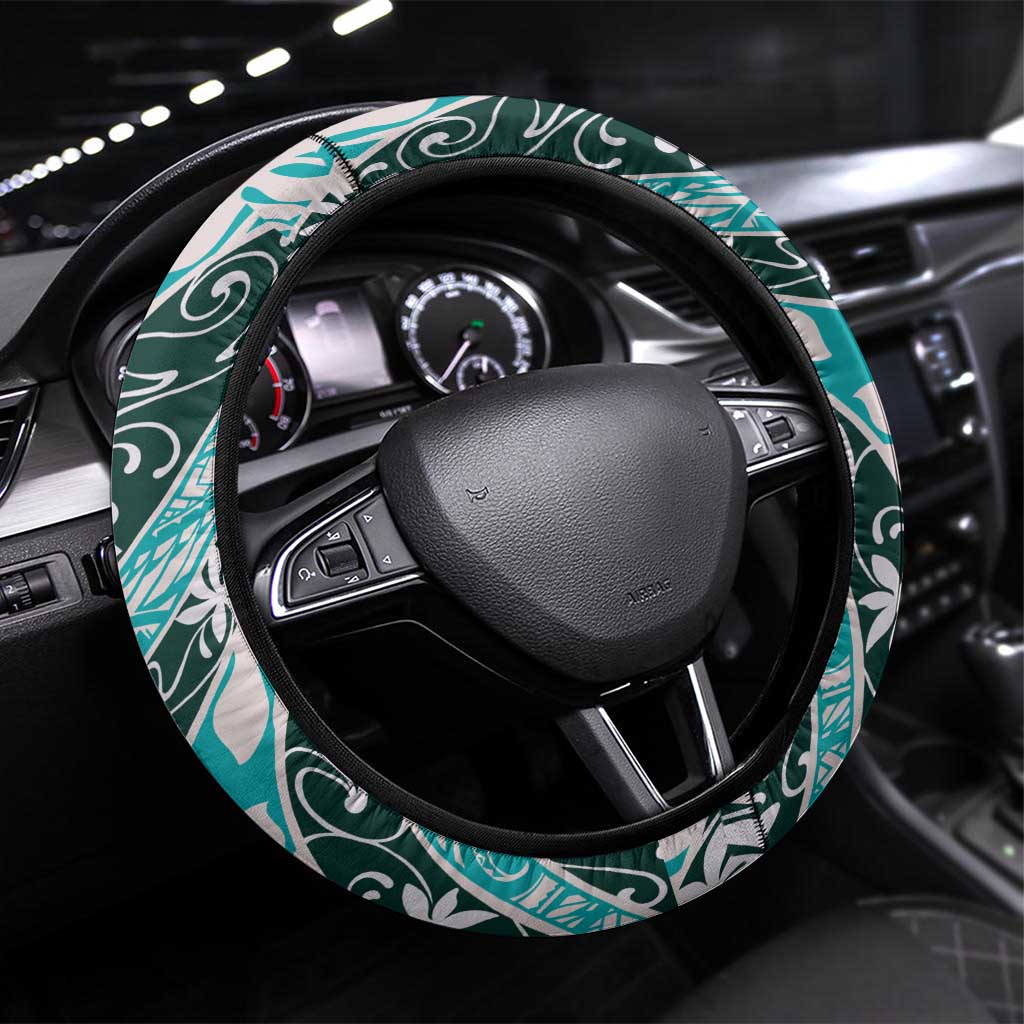 Cyan Tahiti Tiare Monstera Steering Wheel Cover Polynesian Pattern Curve Style - Polynesian Pride