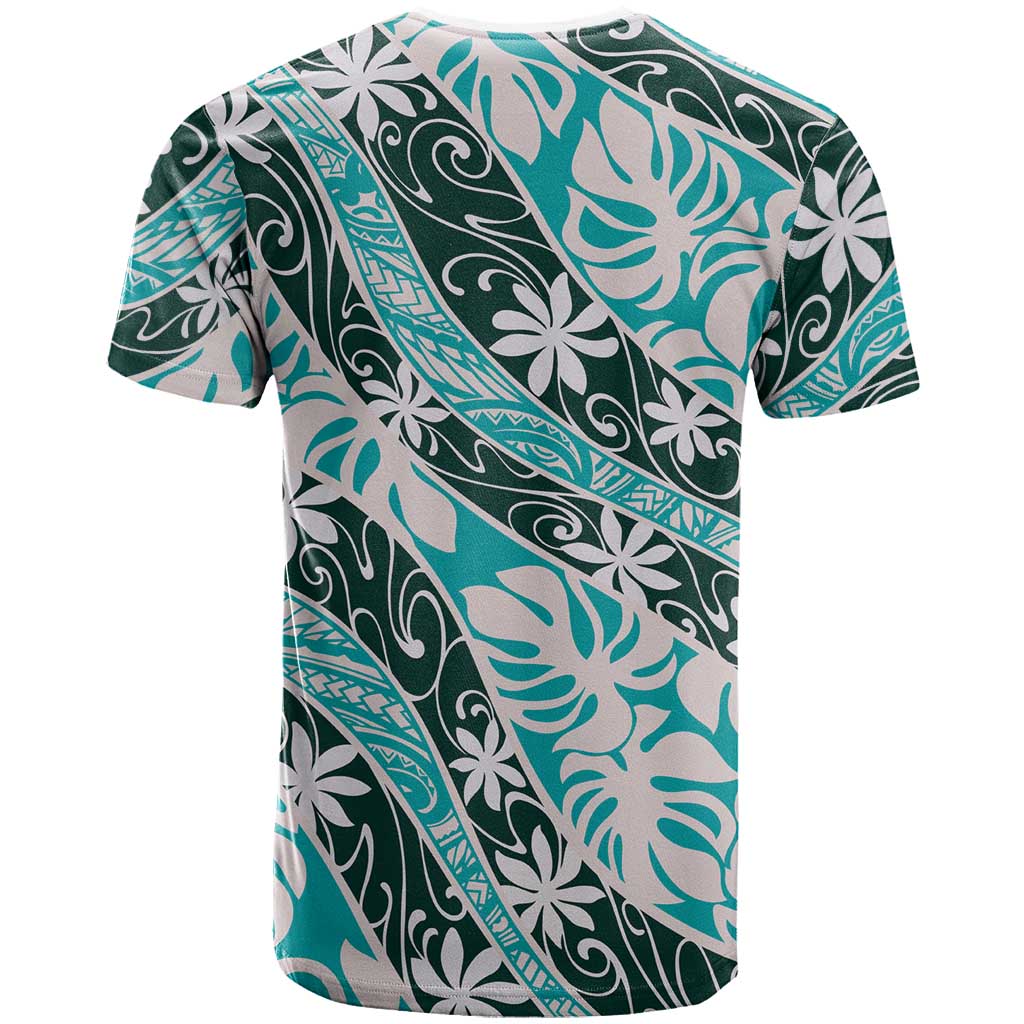 Cyan Tahiti Tiare Monstera T Shirt Polynesian Pattern Curve Style - Polynesian Pride