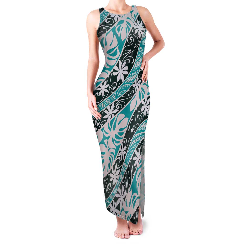 Cyan Tahiti Tiare Monstera Tank Maxi Dress Polynesian Pattern Curve Style - Polynesian Pride
