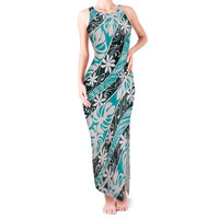 Cyan Tahiti Tiare Monstera Tank Maxi Dress Polynesian Pattern Curve Style - Polynesian Pride