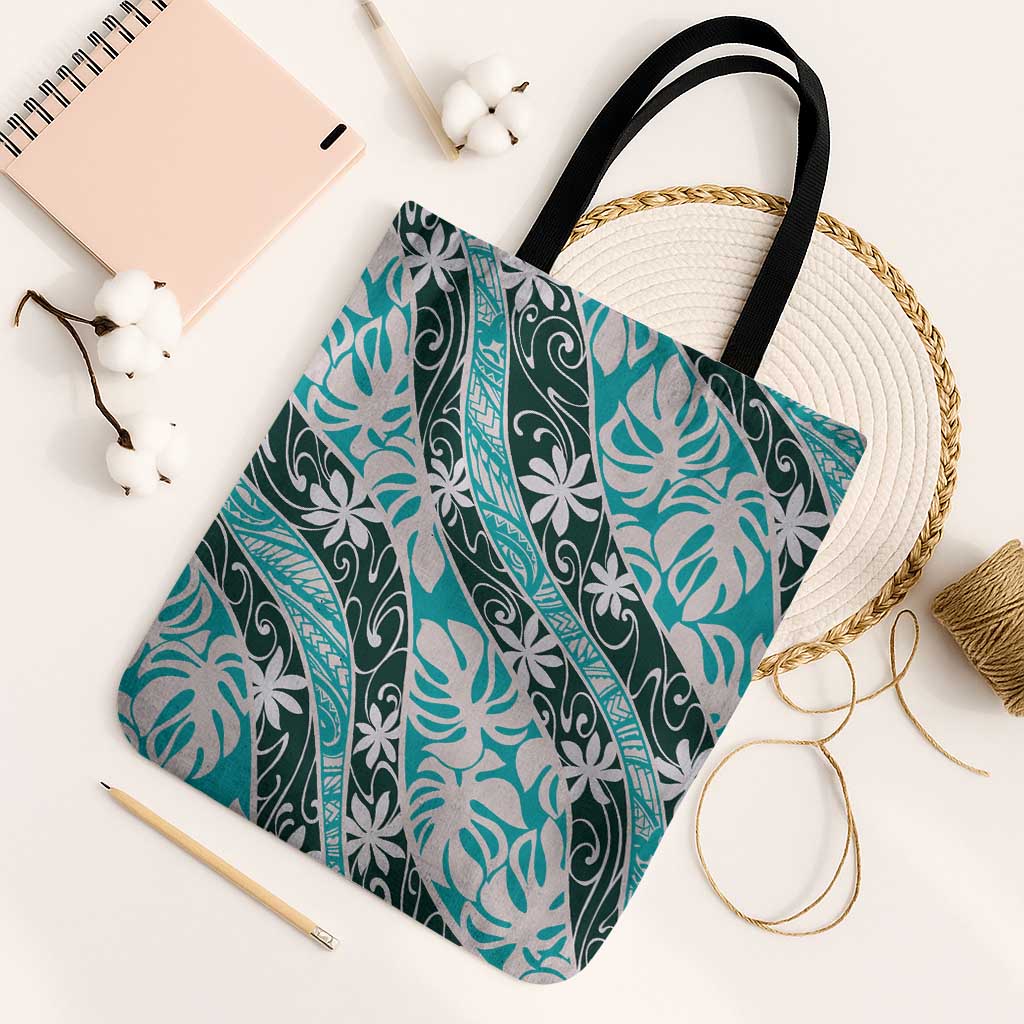 Cyan Tahiti Tiare Monstera Tote Bag Polynesian Pattern Curve Style - Polynesian Pride
