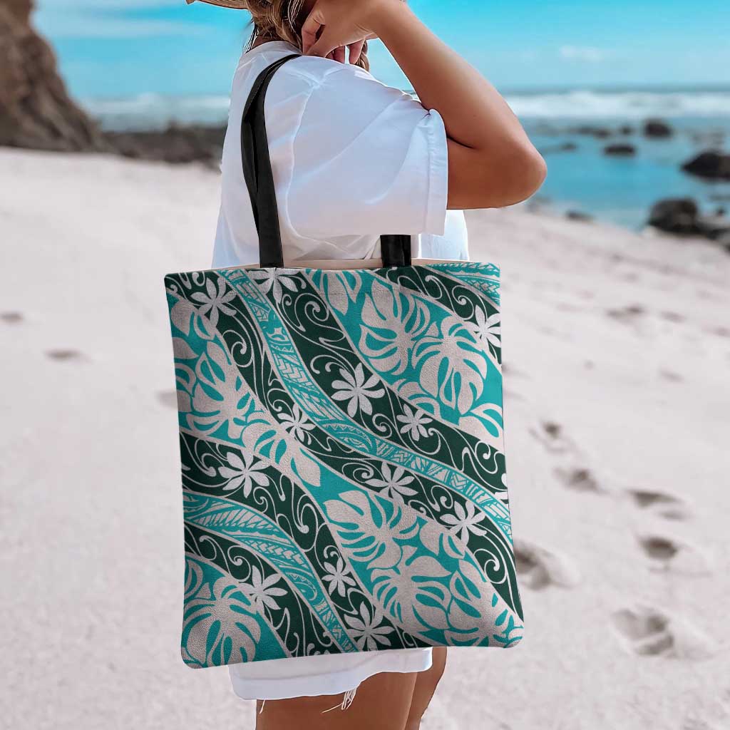 Cyan Tahiti Tiare Monstera Tote Bag Polynesian Pattern Curve Style - Polynesian Pride