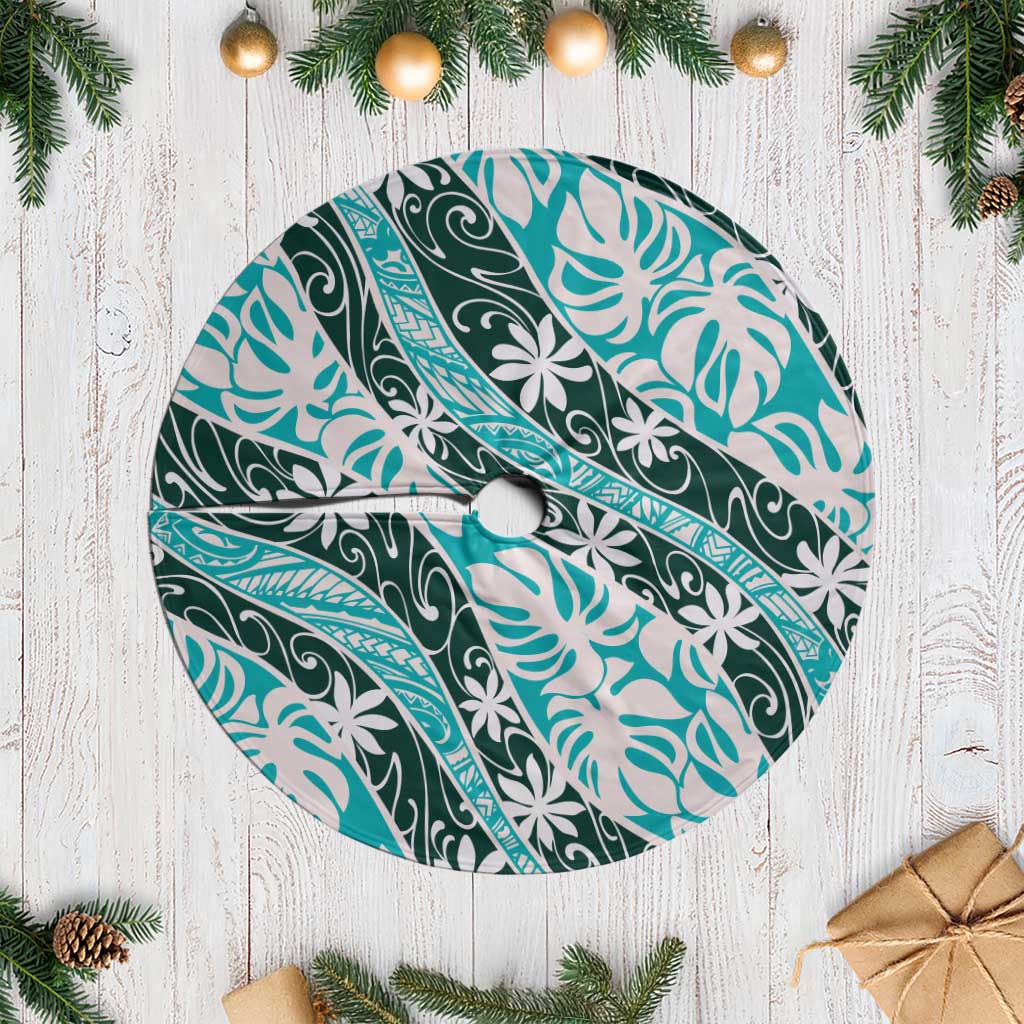 Cyan Tahiti Tiare Monstera Tree Skirt Polynesian Pattern Curve Style LT01 Casual Cyan - Polynesian Pride