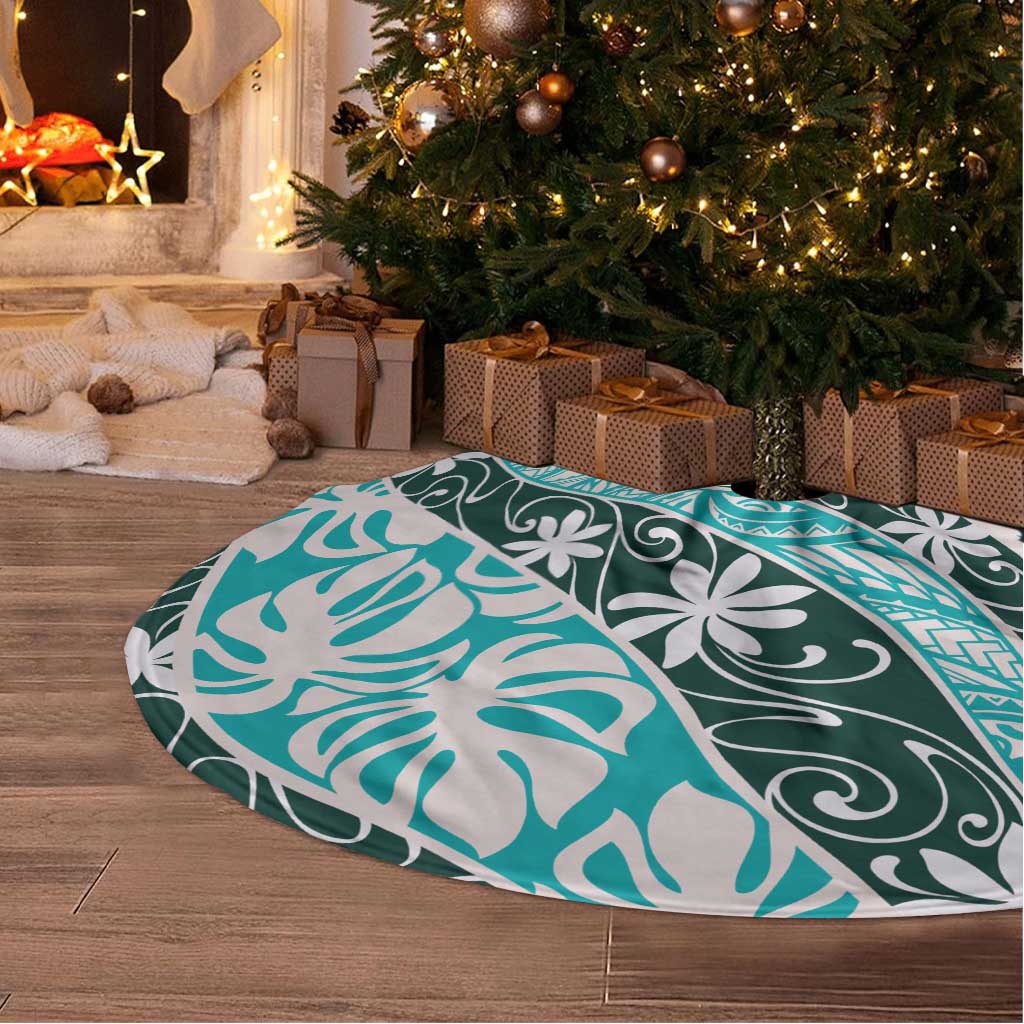 Cyan Tahiti Tiare Monstera Tree Skirt Polynesian Pattern Curve Style LT01 - Polynesian Pride