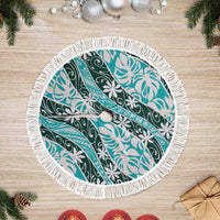 Cyan Tahiti Tiare Monstera Tree Skirt Polynesian Pattern Curve Style LT01 Fringed Cyan - Polynesian Pride