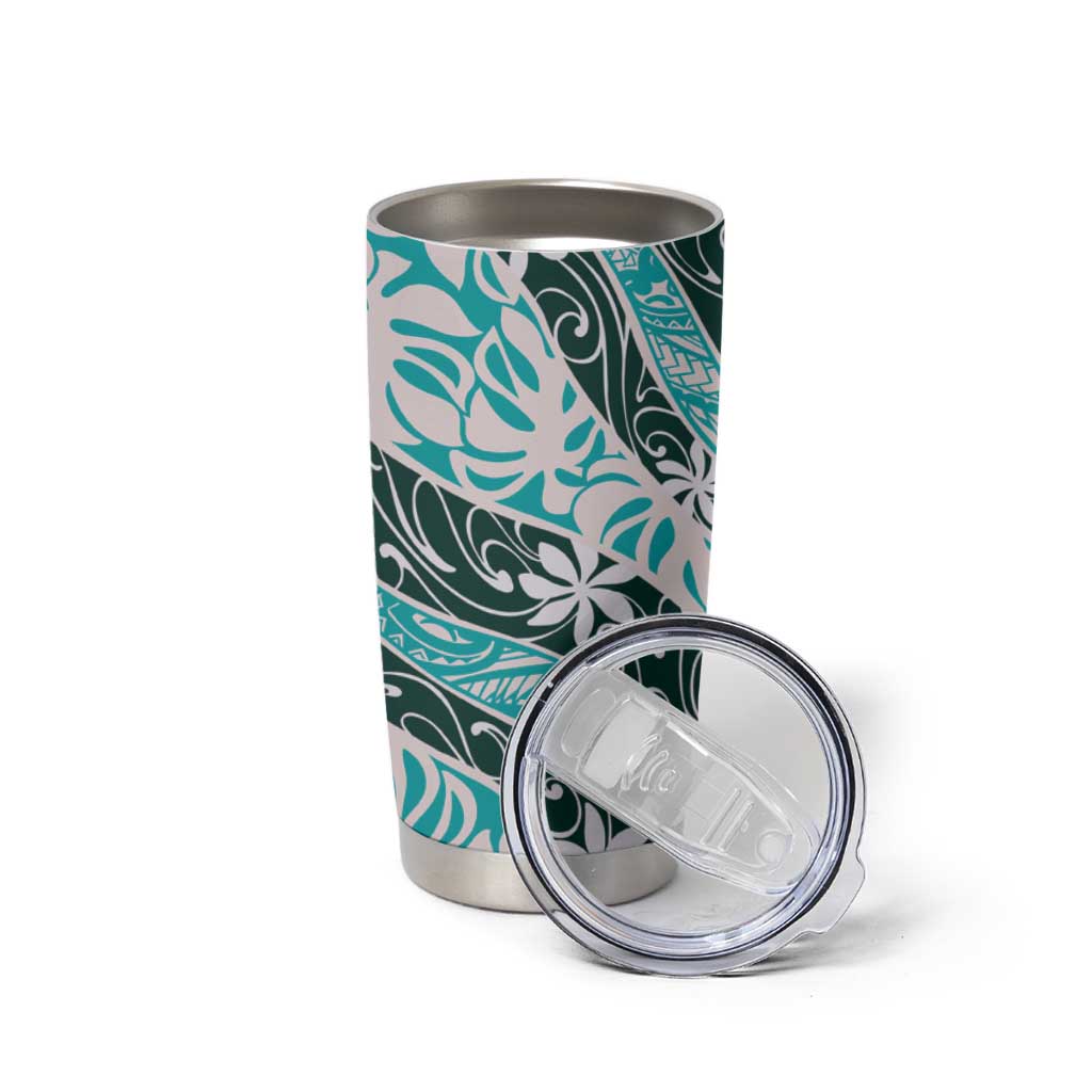 Cyan Tahiti Tiare Monstera Tumbler Cup Polynesian Pattern Curve Style - Polynesian Pride