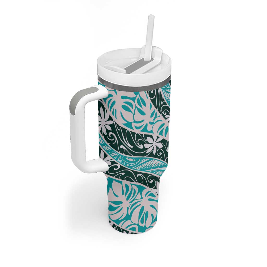 Cyan Tahiti Tiare Monstera Tumbler With Handle Polynesian Pattern Curve Style - Polynesian Pride
