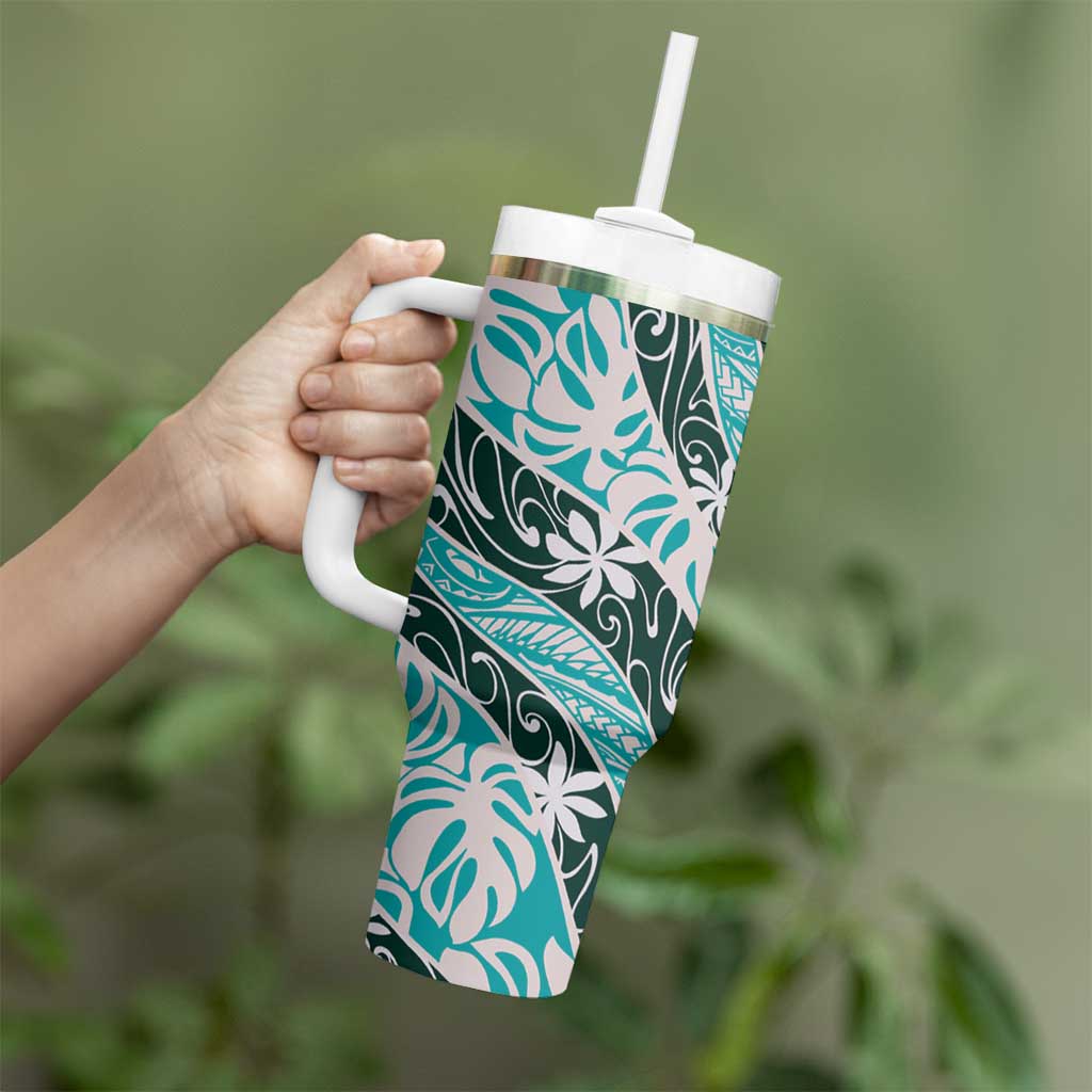 Cyan Tahiti Tiare Monstera Tumbler With Handle Polynesian Pattern Curve Style - Polynesian Pride