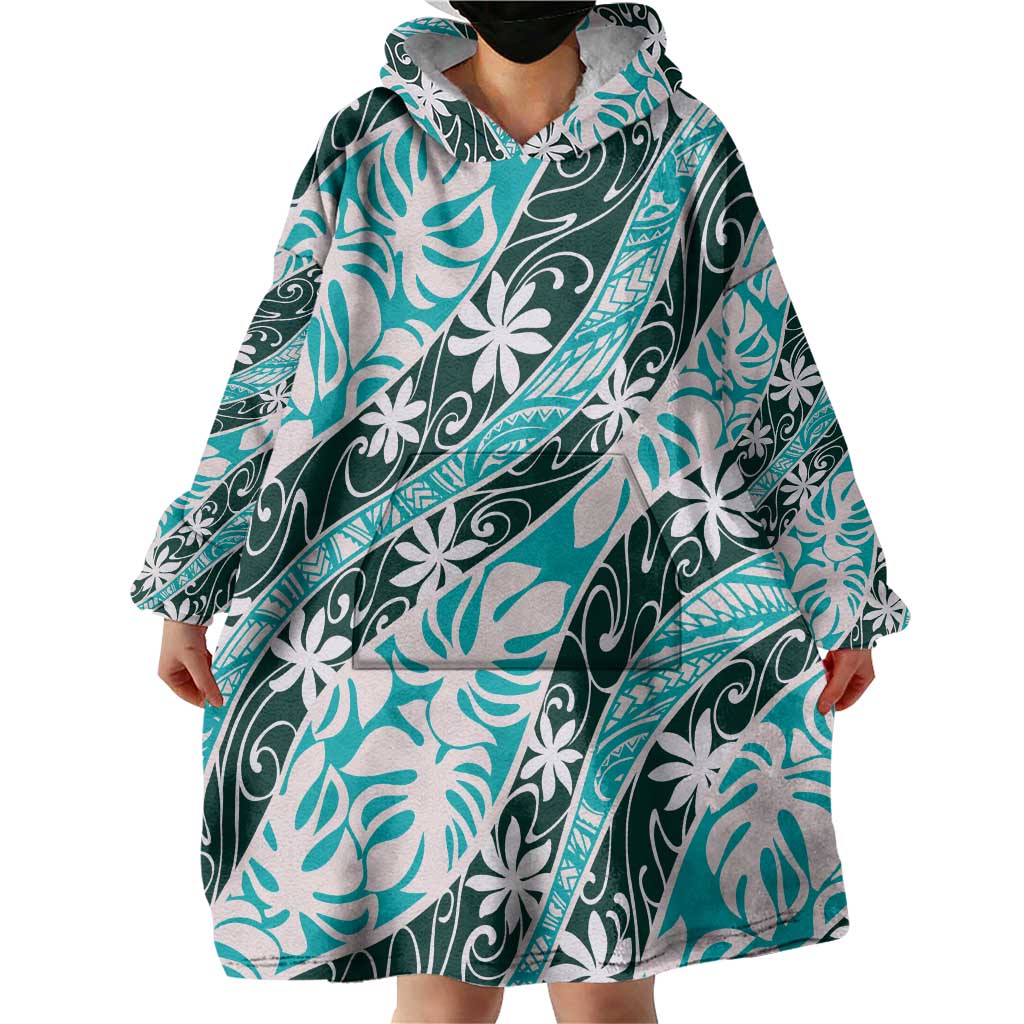 Cyan Tahiti Tiare Monstera Wearable Blanket Hoodie Polynesian Pattern Curve Style - Polynesian Pride