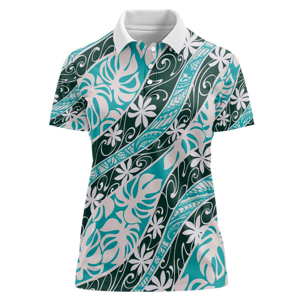 Cyan Tahiti Tiare Monstera Women Polo Shirt Polynesian Pattern Curve Style - Polynesian Pride