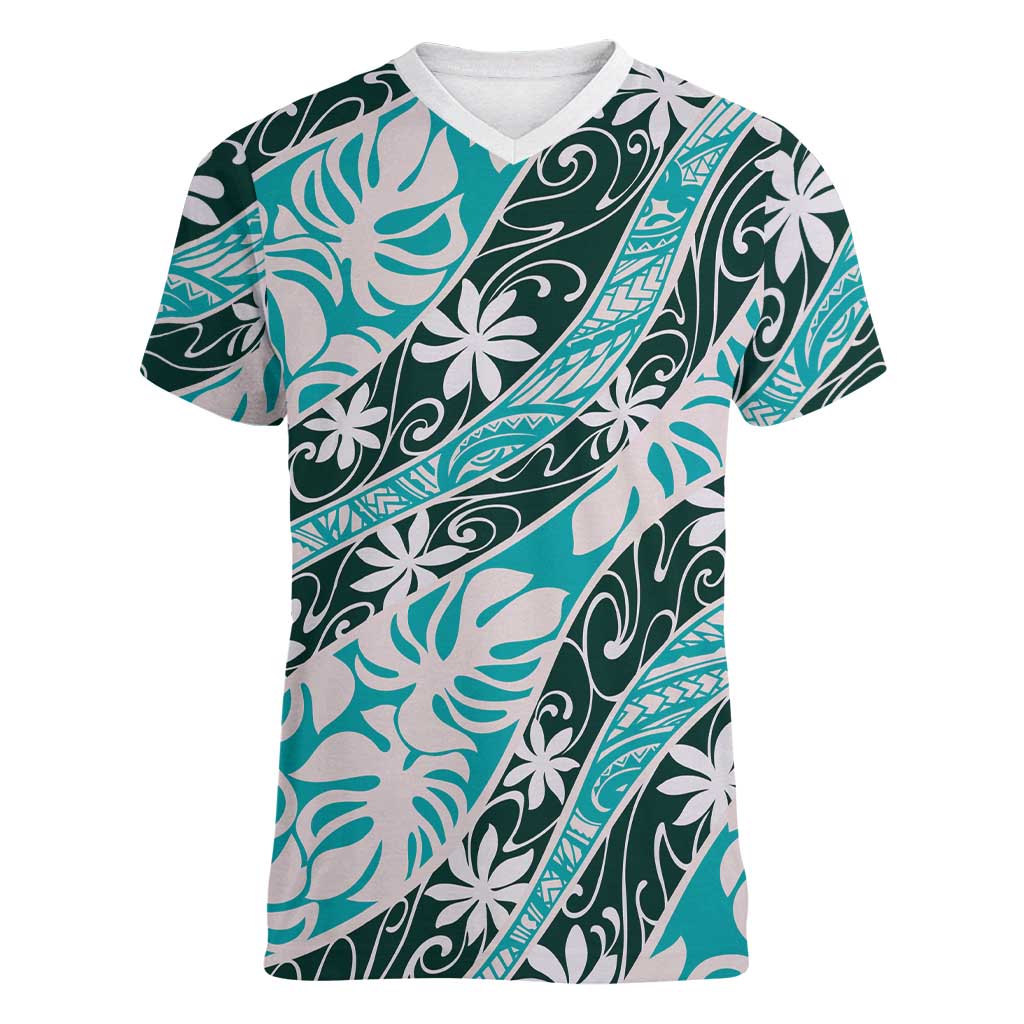 Cyan Tahiti Tiare Monstera Women V-Neck T-Shirt Polynesian Pattern Curve Style LT01 Female Cyan - Polynesian Pride