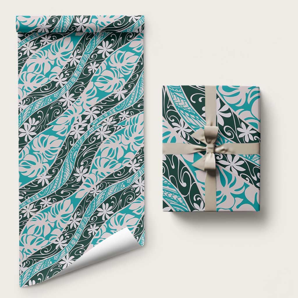 Cyan Tahiti Tiare Monstera Wrapping Paper Polynesian Pattern Curve Style - Polynesian Pride